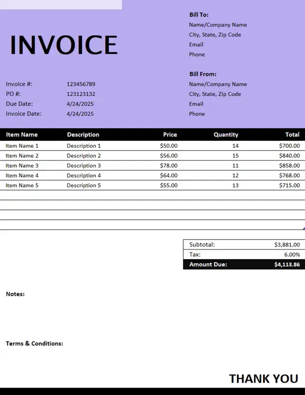 Simple corporate purple & black standard invoice modern simple corporate