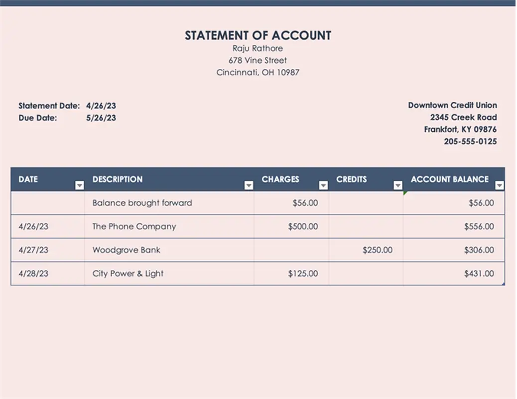 Statement of account pink modern simple