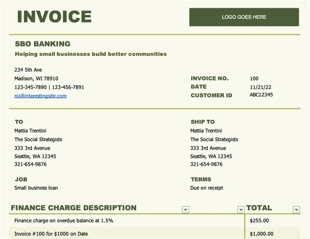 Invoice with finance charge green modern simple